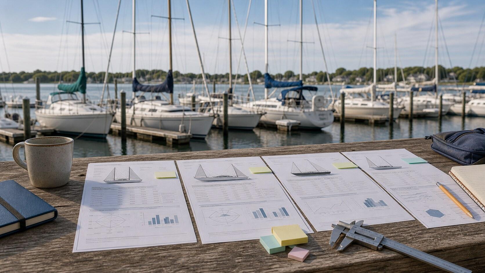Boat comparison notes and spec sheets on a dockside table