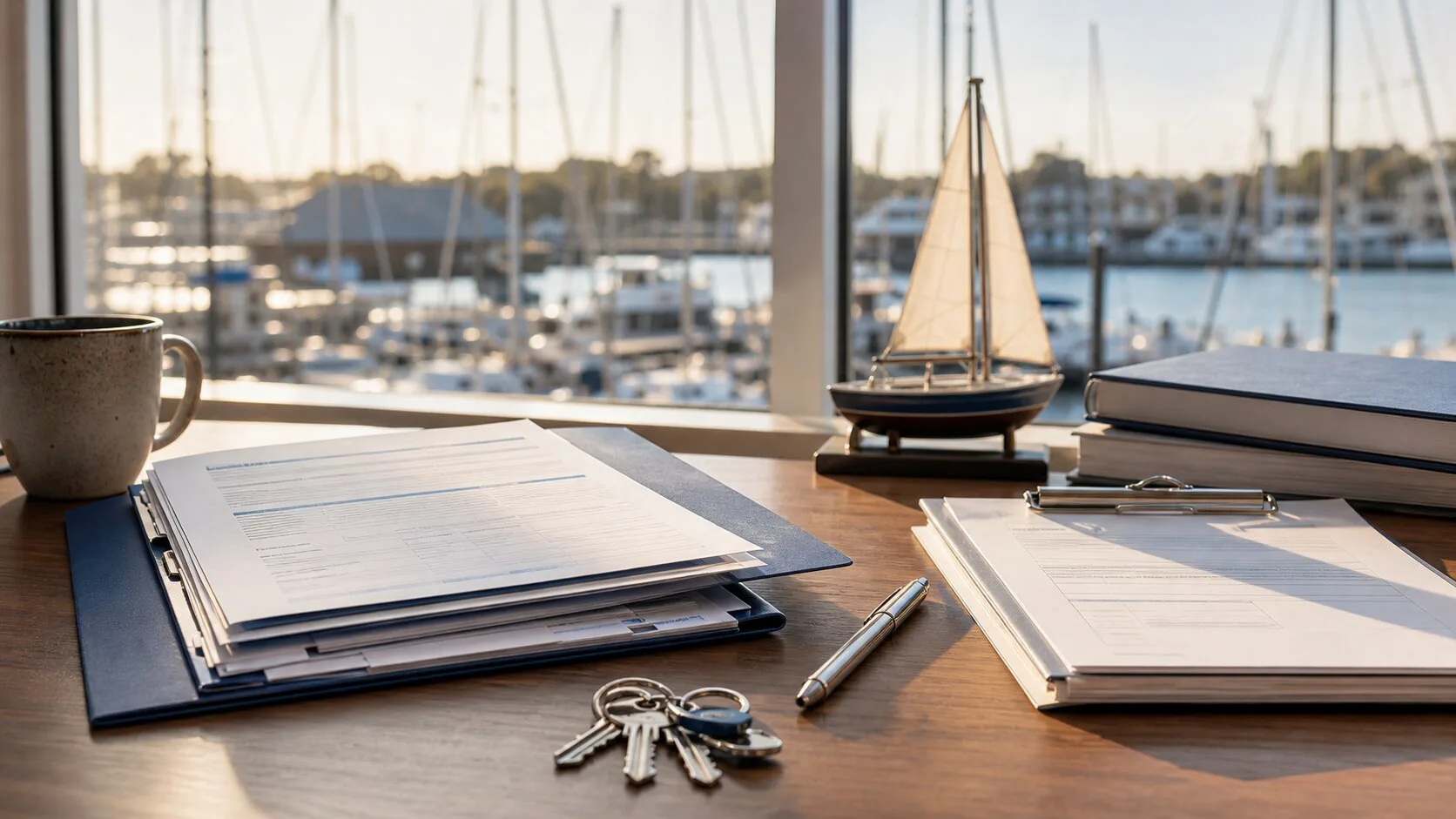 Bir marina ofis masasındaki tekne belgeleri, anahtarlar ve sörvey klasörü