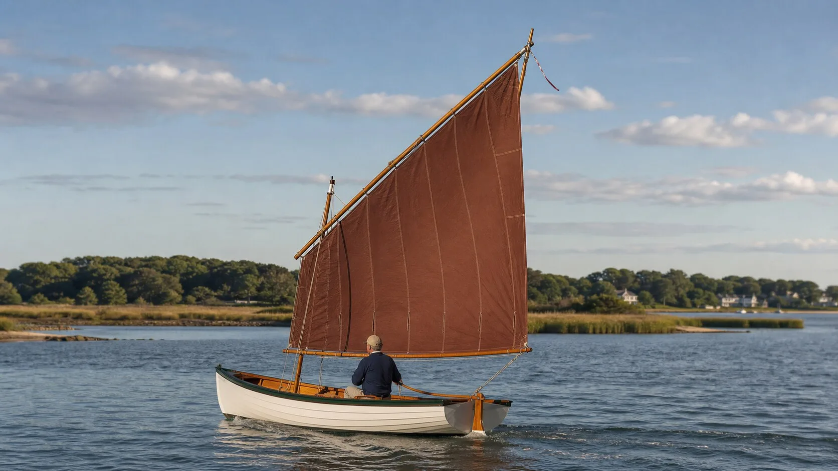 Un pequeño velero tradicional en aguas protegidas con un aparejo sencillo de percha inclinada
