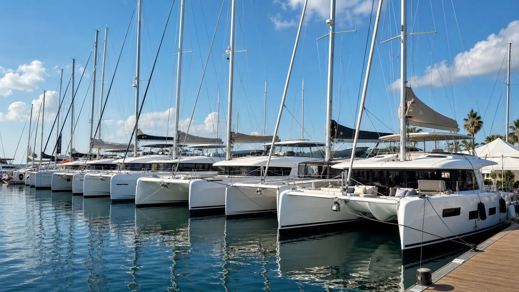 Marina iskelesinde yan yana dizilmiş modern gezi katamaranları
