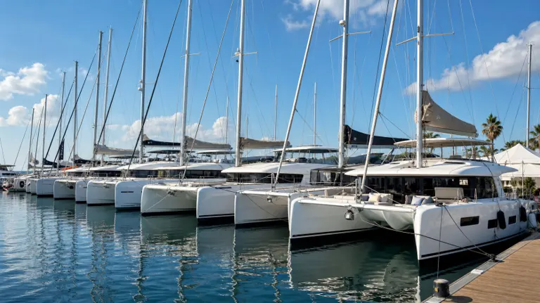 Marina iskelesinde yan yana dizilmiş modern gezi katamaranları