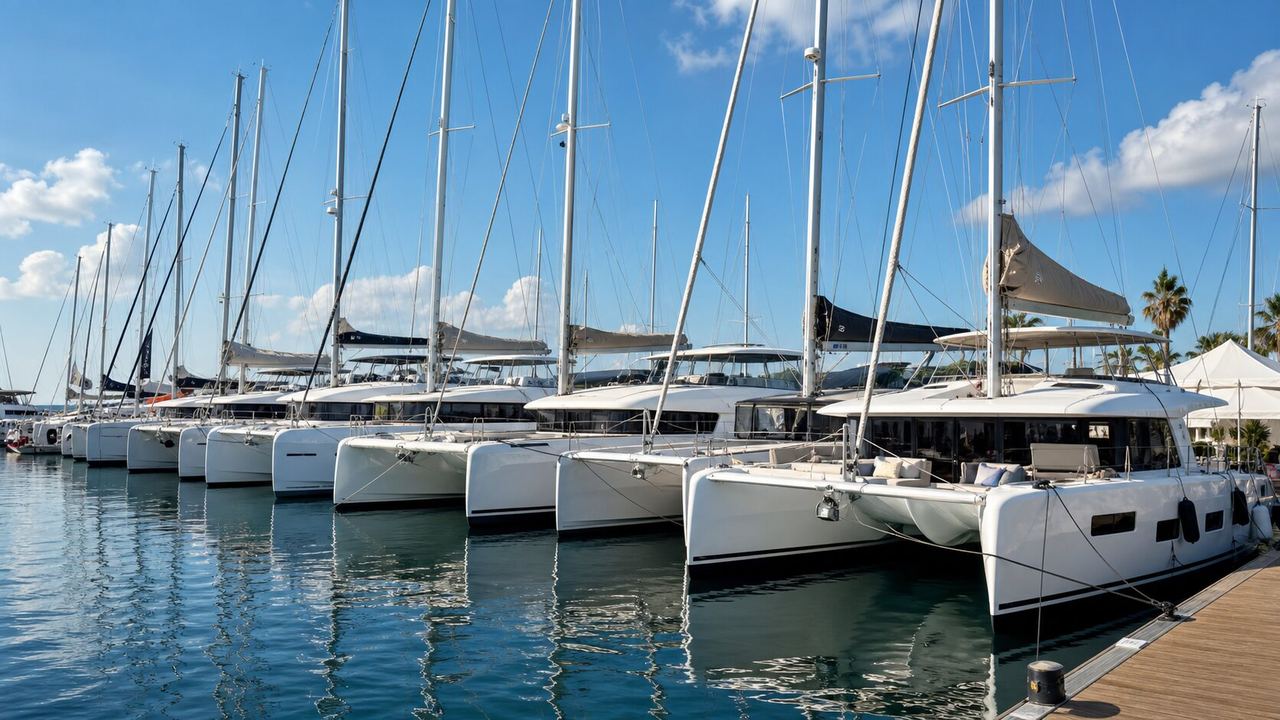 Marina iskelesinde yan yana dizilmiş modern gezi katamaranları