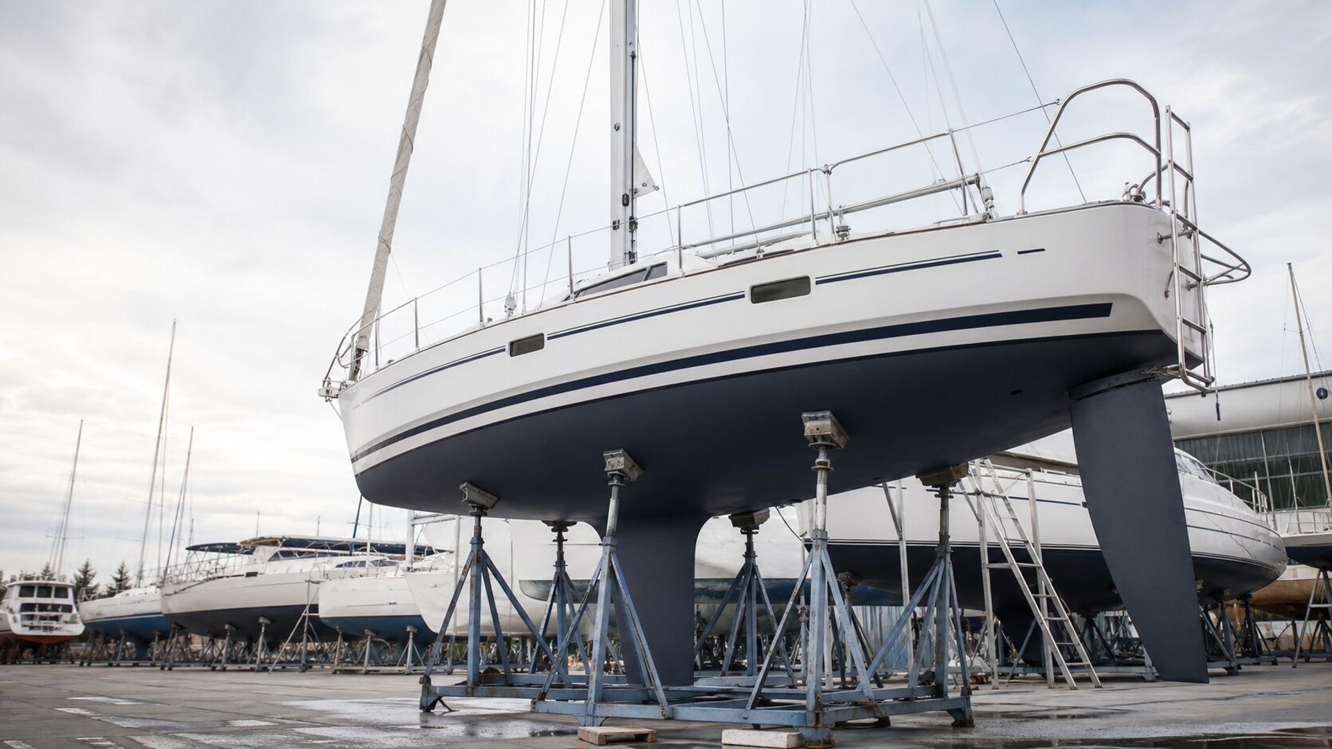 A hauled-out cruising sailboat showing hull, keel, and rudder details
